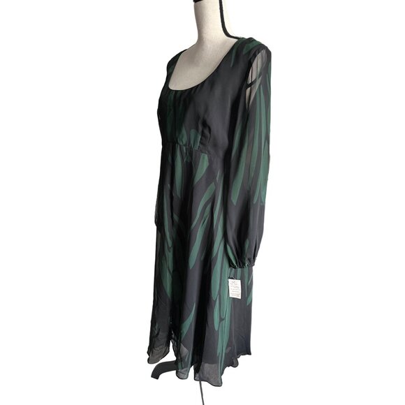 NWT Bella Blue Green Black Dress Midi Sheer Long Sleeves Abstract Pattern 14W - Picture 2 of 6